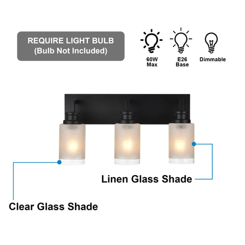 Dope Matte Black Three Light Bathroom Vanity Light With White Linen Glass Shades, Farmhouse Indoor Wall Sconce E26 Socket