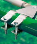 Legit Heavy Duty Automatic Swing Gate Opener Kit With Smart Ready Motor And Dope Long Range Remote Control For Residential Driveway Up To Nine Hundred Pounds close-up of metal bracket and bolts on green pipe.