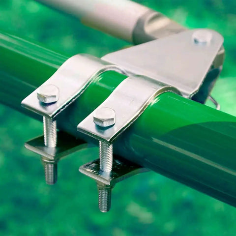 Legit Heavy Duty Automatic Swing Gate Opener Kit With Smart Ready Motor And Dope Long Range Remote Control For Residential Driveway Up To Nine Hundred Pounds close-up of metal bracket and bolts on green pipe.