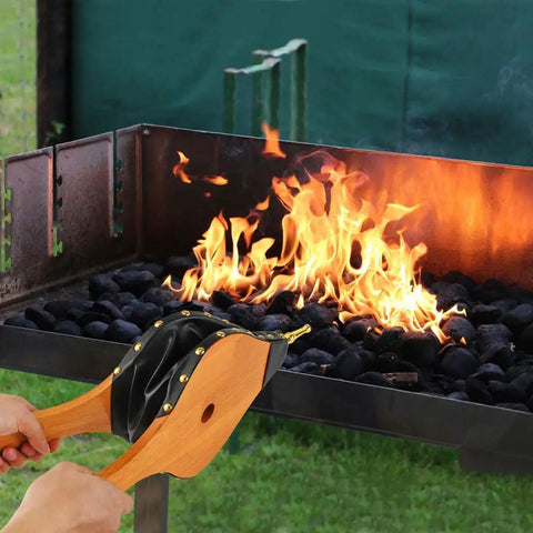 Badass Heavy Duty Oak Wood Fire Bellow For Starting Campfires And Grilling Coals Fast With A Dope Grip, 19 x 8 inch, igniting flames.