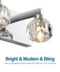Close-up of Crystal Chrome Vanity Light Bar Over Mirror For Bathroom Powder Room 19.7 Inch Long Modern Fixture with crystal accents.