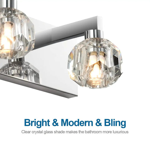 Close-up of Crystal Chrome Vanity Light Bar Over Mirror For Bathroom Powder Room 19.7 Inch Long Modern Fixture with crystal accents.