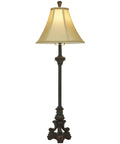 Antique Style Polystone Buffet Table Lamp With Tassel Pull Chain In Bronze Finish 31 Inches Tall Features A Carved Pedestal Base Beige Soft Silk Bell Shade With Corded Trim For Old School Room Glow
