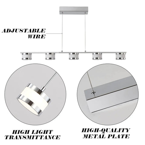 5 Light LED Pendant Chandelier for Kitchen Island, brushed nickel and chrome finish, adjustable arms, close-up details