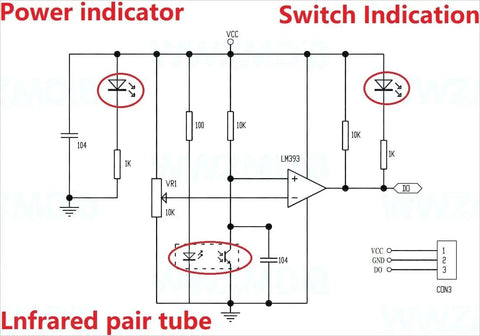 Circuit diagram of Six Pack IR Infrared Reflective Sensor Module Three Wire Photoelectric For Arduino with labeled indicators