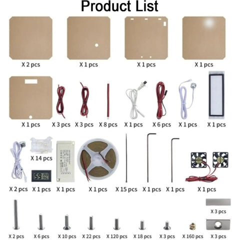 Rock Solid 24 Inch Clear Acrylic 3D Printer Enclosure With Integrated Bright Led Lighting And Digital Climate Gauge parts list including hardware components.