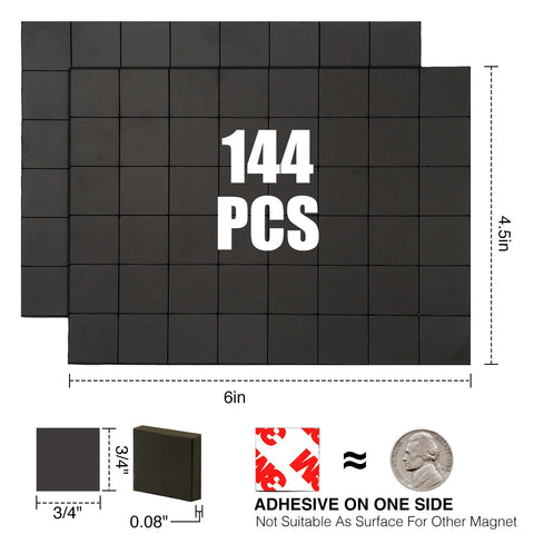 Adhesive Back Magnetic Squares 144 Pieces Three Quarter Inch Square 80 Mil Thick Self Stick Pre Cut Magnets shown with measurements
