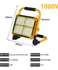JUDYSSY 2000W Solar Flood Light Outdoor Portable Led Reflector Spotlight showing dimensions and details of 1000W model.