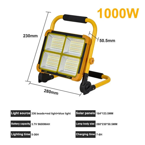 JUDYSSY 2000W Solar Flood Light Outdoor Portable Led Reflector Spotlight showing dimensions and details of 1000W model.