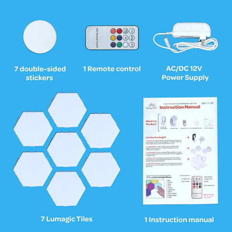 7 Piece Tap Tap Sensory Lights Kit showing hexagon tiles, remote, stickers, power supply, and instruction manual.