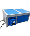 Straight Up Heavy Duty Metal Working Downdraft Table With Dual Drum Dust Collector And Welding Fume Extractor For Industrial Shop Grinding And Multi Stage Filtration 3KW 220V, close-up showing blue perforated tabletop and control unit.