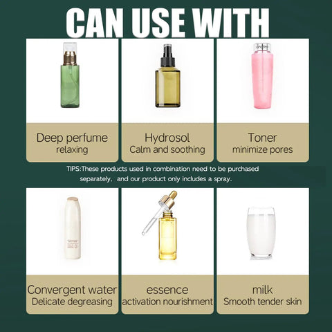 Image shows compatible products with Portable Oxygen Facial Nano Mist Sprayer For Deep Hydration And Anti Aging 10X Penetration Nano Atomization On The Go Skincare Device To Boost Moisture And Elevate Your Glow Up, including hydrosol, toner, and essence.