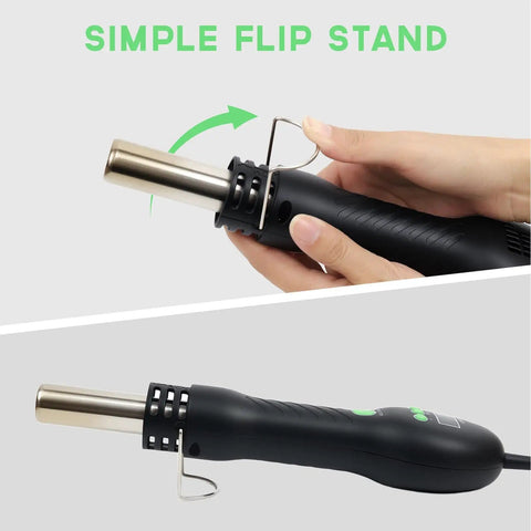 Hot Air Rework Station For Electronics Soldering With 500C Temperature Control And 932F Range, showing flip stand in use.