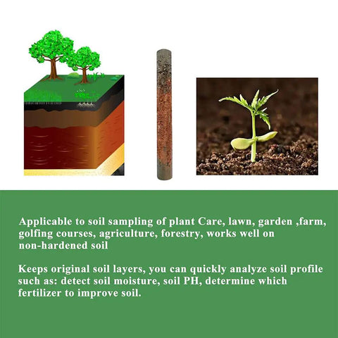 3D soil cross-section, soil probe, and plant sprout with text about soil sampling benefits for the 12 Inch Pro Grade Soil Sample Probe With T Handle For Easy Soil Testing And Sampling Soil Sampler Tool For Lawn Garden Farm Precise Soil Probe Kit For Moisture Depth And Layer Analysis.