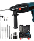 Three In One Electric Hammer Drill Kit with accessories, showing impact drill, rotary hammer, pickaxe for construction, renovation