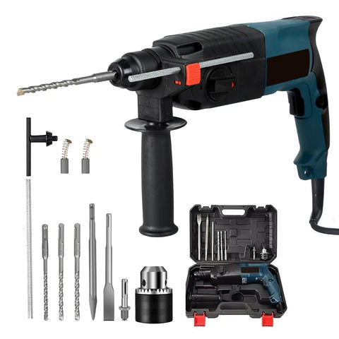 Three In One Electric Hammer Drill Kit with accessories, showing impact drill, rotary hammer, pickaxe for construction, renovation