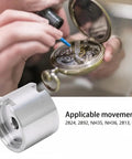 Stainless Steel Watch Movement Holder Tool for 2824 2892 2813 8200 Movements, shown with watchmaker using tool for precise assembly