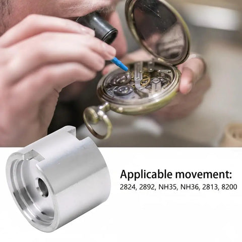 Stainless Steel Watch Movement Holder Tool for 2824 2892 2813 8200 Movements, shown with watchmaker using tool for precise assembly