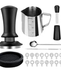 All-In-One 58mm Espresso Accessories Kit With Spring-Loaded Calibrated Tamper, WDT Tool, Milk Pitcher, Latte Art Pen, Stirring Spoon, Tamper Mat, And 16 Latte Art Stencils For Delonghi 58mm Espresso Machines And Portafilters