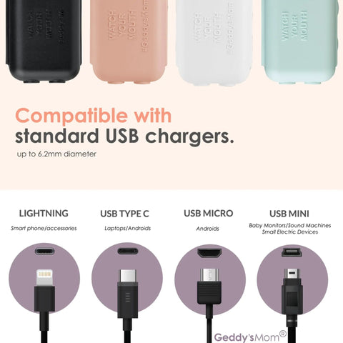Diagram of USB charger cover compatibility, Kid Friendly USB Charger Covers 6 Pack Dusty Aqua, with USB types listed.
