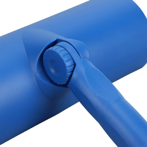 Heavy Duty 10 Inch Paint Roller With Integrated Spatter Shield For Ceilings And Walls Easy Roll Zero Drip No Mess, blue handle close-up.