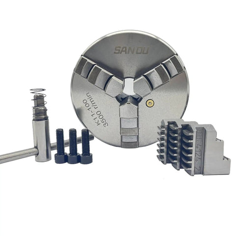 4 Inch 3 Jaw Self Centering Lathe Chuck 100mm With Internal And External Jaws for CNC Milling Drilling and Wood Turning, showing components
