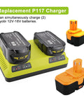 Dual Chemistry 18V Ryobi Battery Charger With Dual Ports Charges Two Batteries At Once For P117 P118 P119 P190 P102 P103 P107 P108 PBP Series For Ryobi One Plus Batteries LiIon NiCad NiMh on display with two black and orange 18V batteries, showing the replacement charger and compatibility.