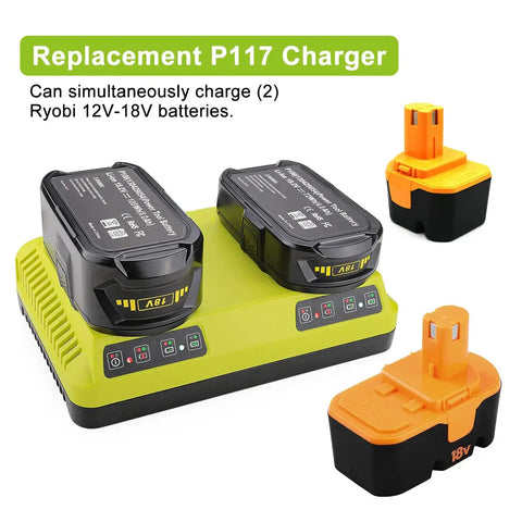 Dual Chemistry 18V Ryobi Battery Charger With Dual Ports Charges Two Batteries At Once For P117 P118 P119 P190 P102 P103 P107 P108 PBP Series For Ryobi One Plus Batteries LiIon NiCad NiMh on display with two black and orange 18V batteries, showing the replacement charger and compatibility.