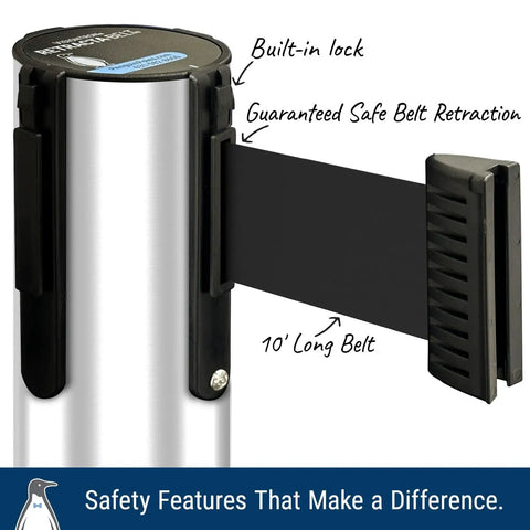 Pro Grade Stanchions 2-Pack With Retracta-Belt Prime 10 Foot Retractable Belt Barrier Heavy Base Polished Stainless Steel Crowd Control Poles No Tools Easy Setup For Quick Crowd Flow showing retractable belt with safety features
