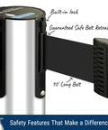 Close-up of Two-Pack Commercial-Grade Stanchions With 40-Inch Tall Polished Stainless Steel Posts, 10-Foot Retractable Belt Barrier.