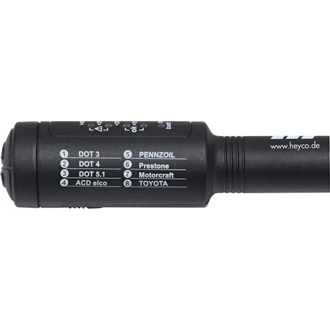 Side view of Heyco 8-in-1 brake fluid tester, black handheld tool with DOT labels and Heyco branding