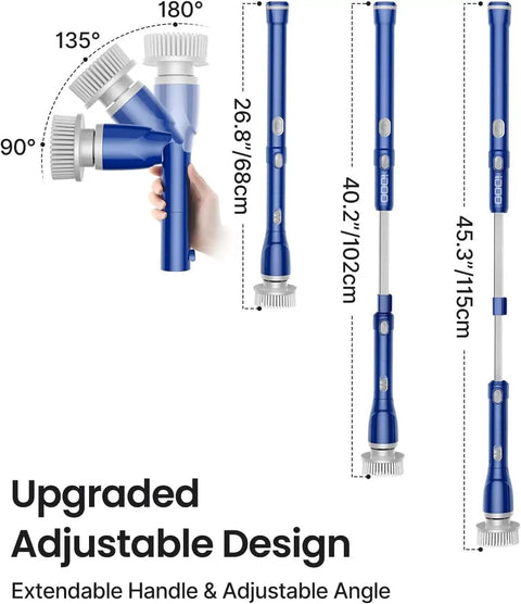 Electric Spin Scrubber With Long Handle Cordless Power Brush showing adjustable length and angle for versatile bathroom cleaning.