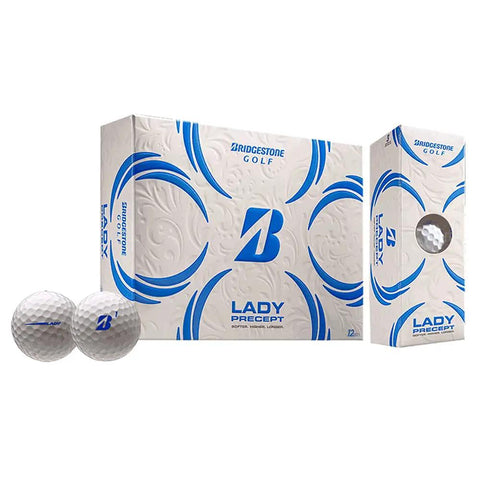 Lady Precept White Golf Balls For Women Dozen Set shown with packaging and two golf balls visible