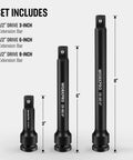 Heavy Duty One Half Inch Drive Impact Extension Bar Set Constructed From Premium Cr Mo Steel Heat Treated For Peak Torque with dimensions of 3, 6, and 8 inches.