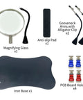 Helping Hands Soldering Station With 2.5X Magnifier components, including iron base, gooseneck arms, PCB holders, and anti-slip pad.