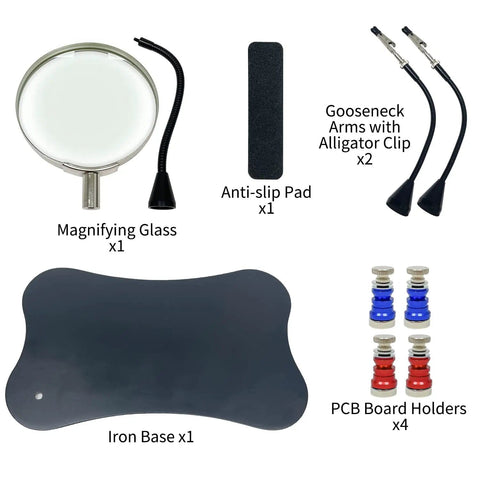 Helping Hands Soldering Station With 2.5X Magnifier components, including iron base, gooseneck arms, PCB holders, and anti-slip pad.