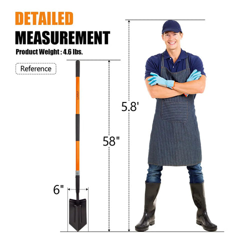 Heavy Duty Trench Shovel With Fiberglass Handle 58 Inch Length High Carbon Steel Blade beside a person for size reference