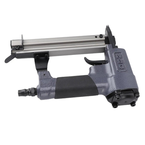 Heavy Duty Quiet Pneumatic Brad Nailer With 100 Nail Capacity Sweet Air Powered Wood Assembly Rig for Workshops and Framing, close-up view.