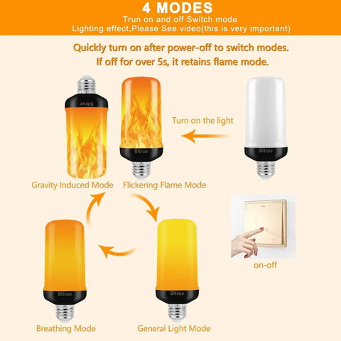 Lit Flame Effect LED Light Bulb With 4 Modes And Gravity Sensor E26 Base Flickering Fire Bulb showcasing mode transitions and usage.
