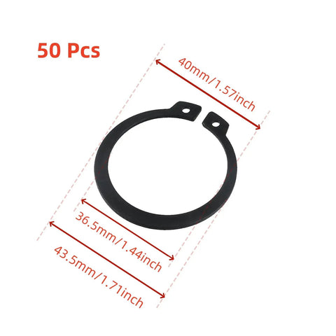 External Retaining Rings Set With 50 Pcs Large External Circlips Round Wire Snap Rings For Automobiles Cylinders Lawn Mowers Black Outer Diameter 1.71 In 43.5 Mm Inner Diameter 1.44 In 36.5 Mm Easy Install showing single snap ring with measurements.