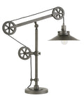 29 Inch Tall Wide Brim Pulley System Table Lamp With Metal Shade In Aged Steel For Home Office And Computer Desk Adjustable Height