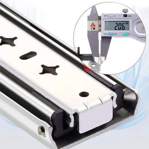 Heavy Duty Full Extension Drawer Slides Featuring Drop Dead Simple Locking Pins And Hella Quiet Carbon Ball Bearings Welded From Thick Cold Rolled Steel, close-up view.