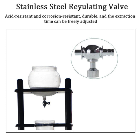 Premium Cold Brew Coffee Maker With Slow Drip Tower Japanese Style 1000 Ml Glass Carafe showcasing stainless steel regulating valve.