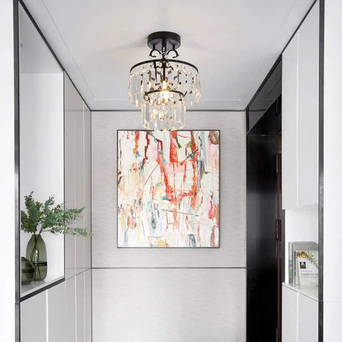 Hallway with Crystal Raindrop Mini Chandelier Semi Flush Mount Ceiling Light For Hallways Bars Kitchens Dining Rooms And Living Rooms, E26 Bulb Compatible, Not Real Crystal Look, Small Yet Sparkling Ceiling Lamp