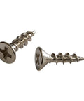 Close-up of 100 Pack Size 7 X 5/8 Inch Flat Head Wood Screws Nickel Plated Fasteners for cabinet assembly.