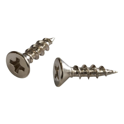 Close-up of 100 Pack Size 7 X 5/8 Inch Flat Head Wood Screws Nickel Plated Fasteners for cabinet assembly.