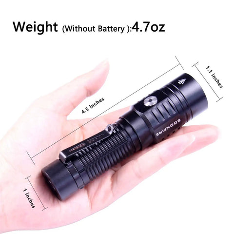 2000 Lumen LED Flashlight With Preinstalled Rechargeable Battery Ultra Compact High Lumen Light in hand showing size and dimensions