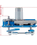 DIY Reciprocating Swing Motor For Makers And DIY Folks With Adjustable Swing From 20 To 120 Degrees 90 RPM, side view of aluminum motor with blue base.