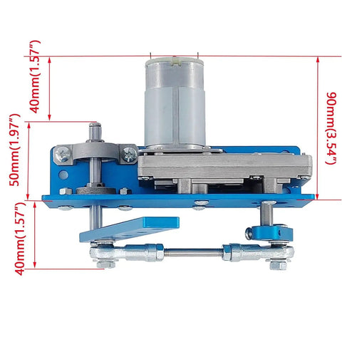 DIY Reciprocating Swing Motor For Makers And DIY Folks With Adjustable Swing From 20 To 120 Degrees 90 RPM, side view of aluminum motor with blue base.