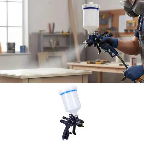 Slick Hvlp Air Spray Gun Kit With 1 7Mm Precision Nozzle And 600Ml Gravity Feed Cup in use for painting a table.